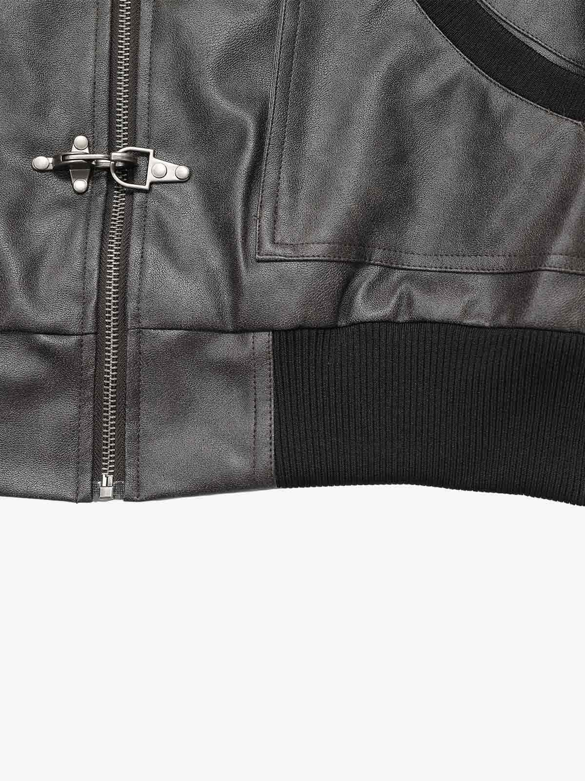 Metal Button Cropped Leather Bomber Jacket