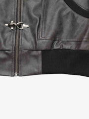 Metal Button Cropped Leather Bomber Jacket