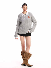 Retro Contrast Collar Embroidery Knit Sweater 