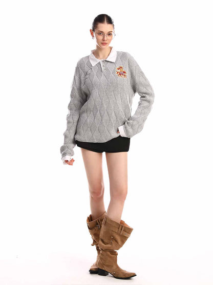 Retro Contrast Collar Embroidery Knit Sweater 