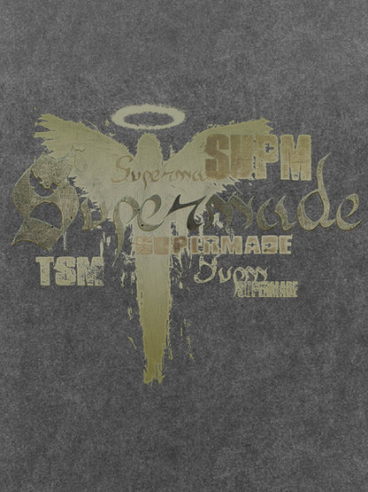 THE SUPERMADE Distressed Graphic Print Oversized T-Shirt with Bold Typography Design 