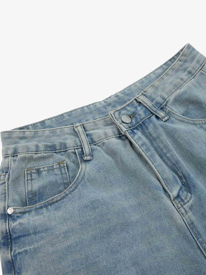 Light Blue Embroidered Denim Wide-Leg Pants with Beaded Details 