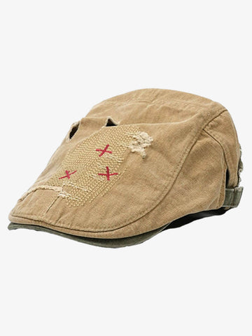 Distressed Patchwork Embroidered Cotton Flat Cap 