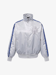Butterfly Embroidered Leopard-Trim Satin Zip Jacket