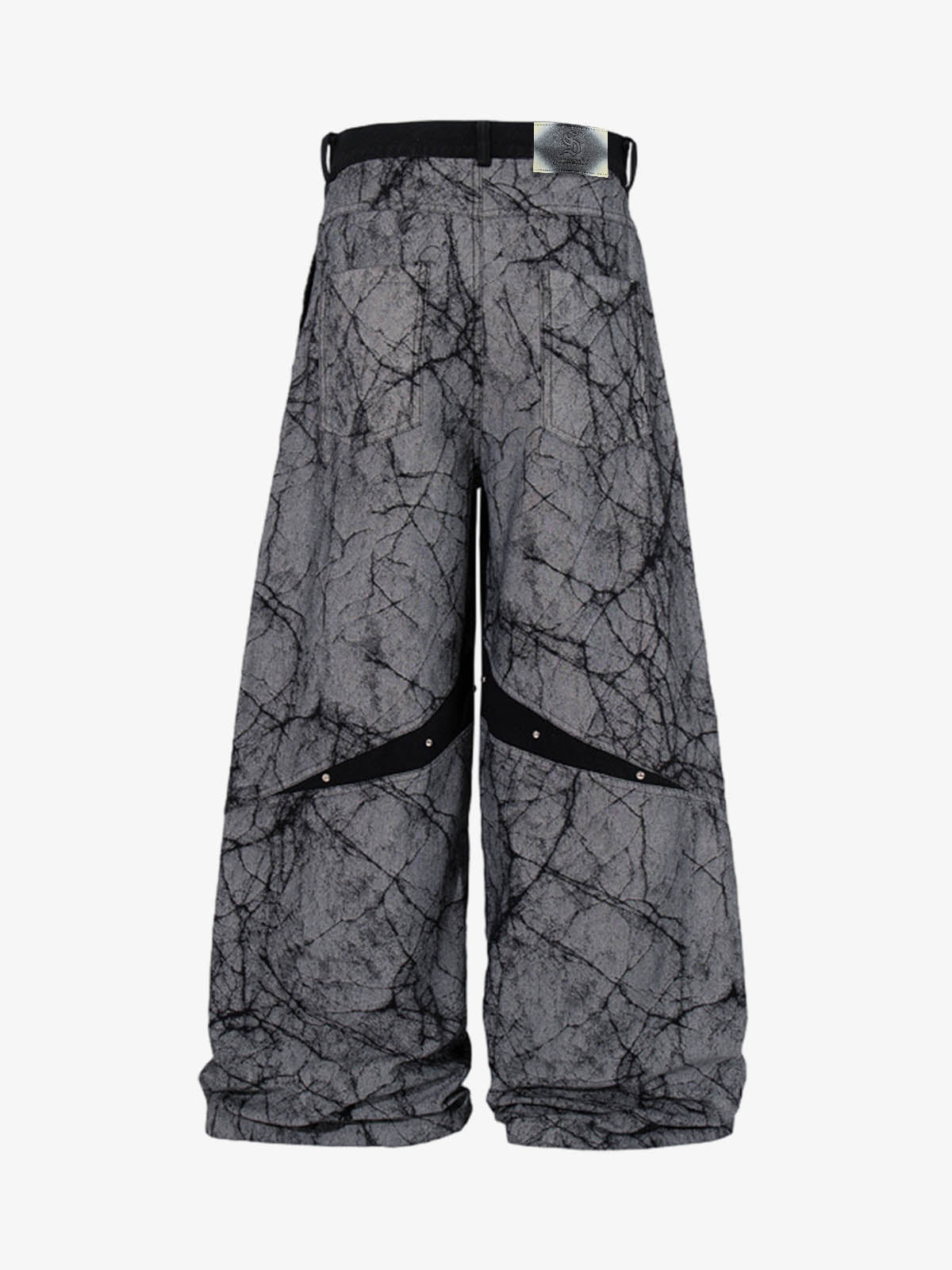 Cotton Blend Wide Leg Pants with Cracked Print and Black Panel Details 