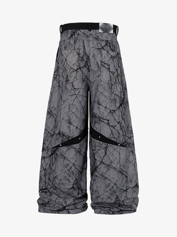 Crackle Print Panel Studded Pleated Denim Jeans 