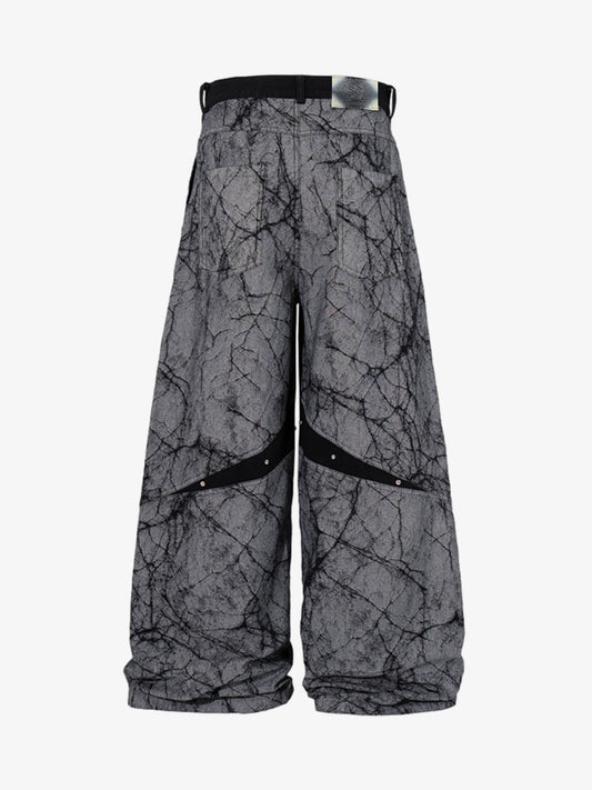 Cotton Blend Wide Leg Pants with Cracked Print and Black Panel Details 