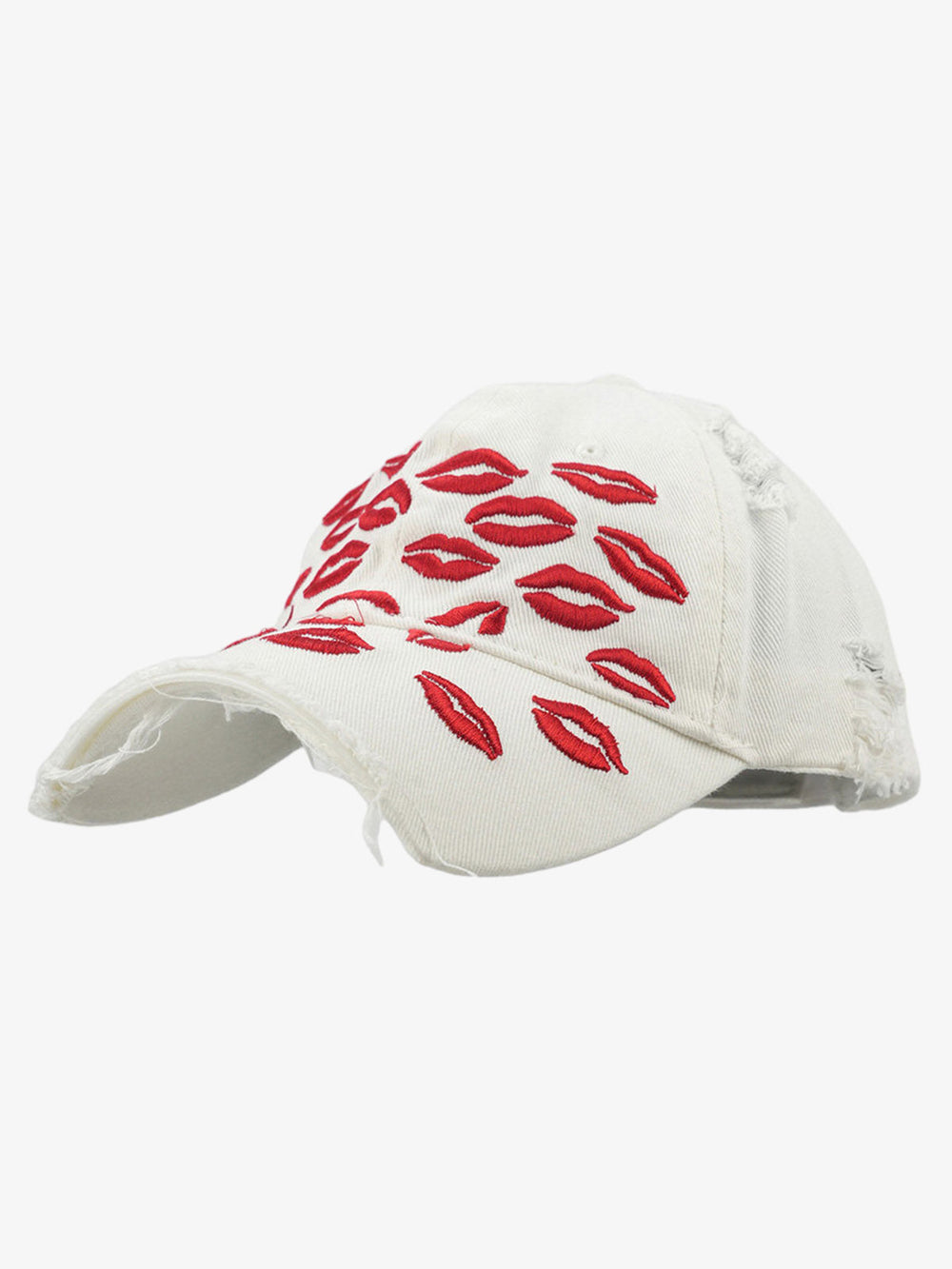 Red Lip Embroidery Distressed Baseball Cap 
