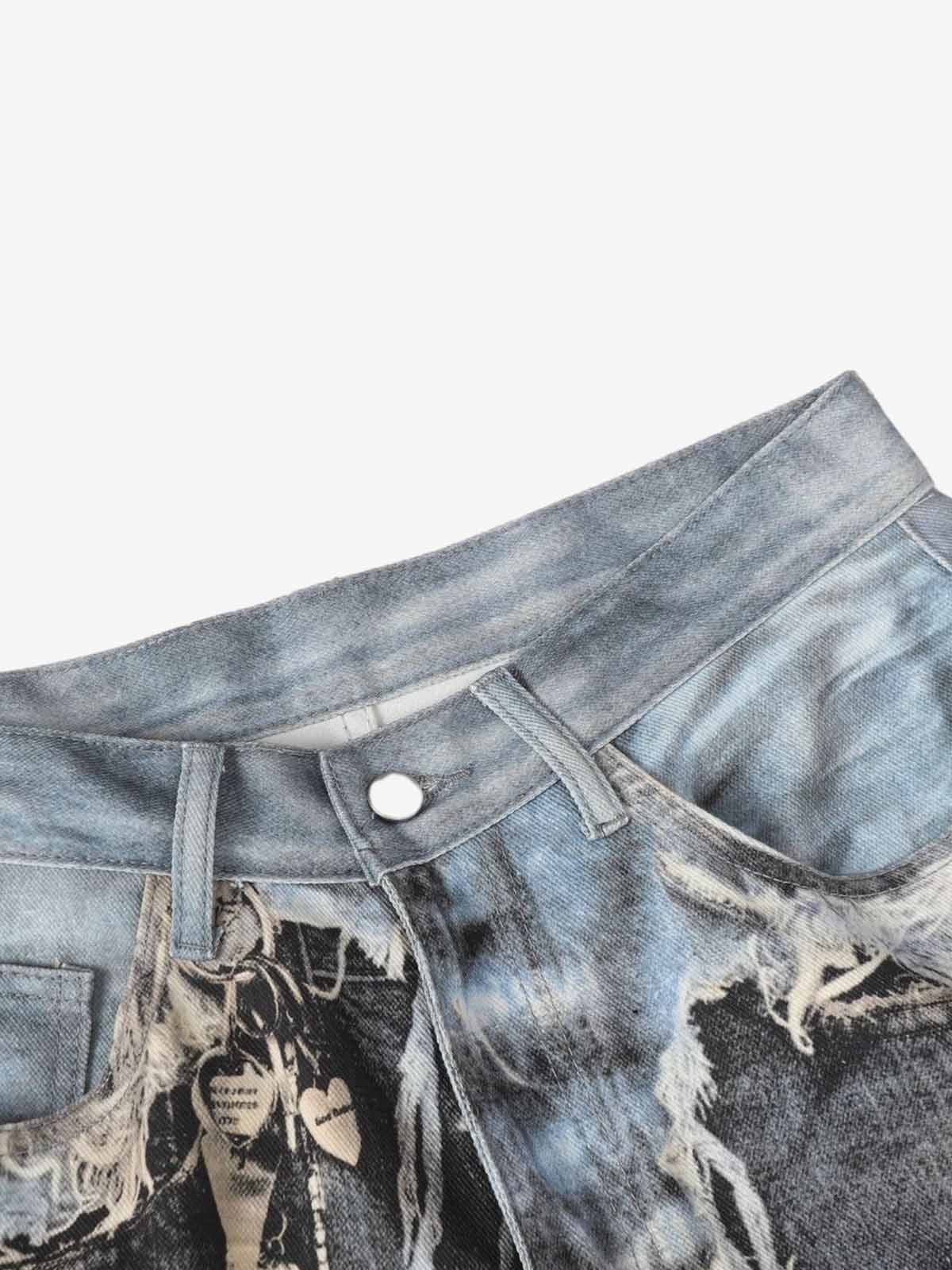 Distressed Patchwork Wide Leg Washed Denim Jeans 