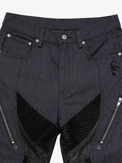 Leather-Paneled Moto Zip Straight-Leg Jeans