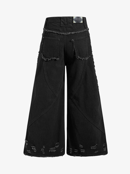Deconstructed Zipper-Spliced Whiskered Raw-Hem Jeans