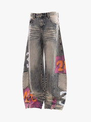 Hand-Painted Distressed Curved-Seam Jeans