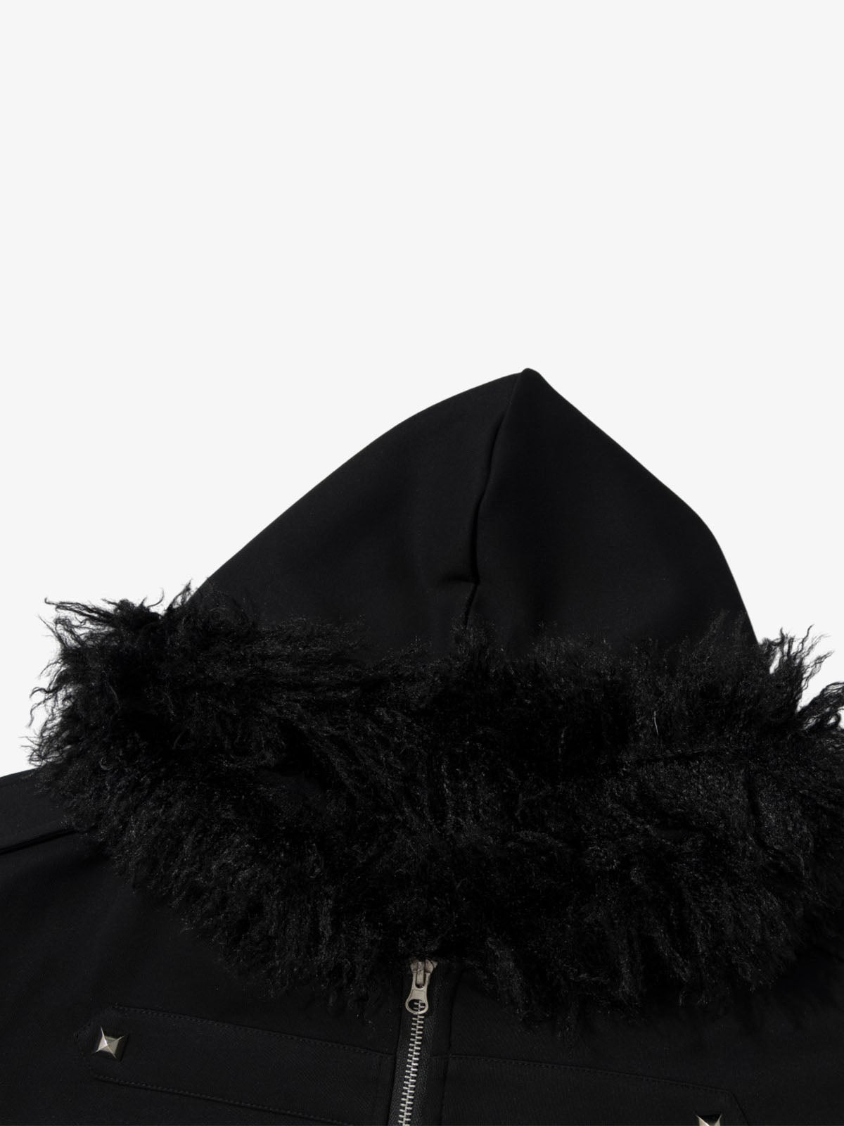 Studded Hooded Faux-Fur Collar Coat