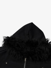 Studded Hooded Faux-Fur Collar Coat