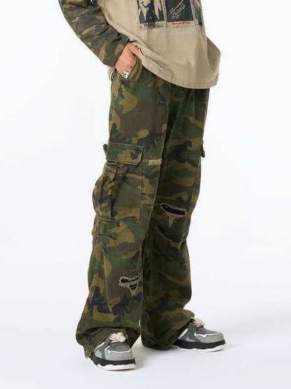 Ripped Camouflage Flared Cargo Pants - 2410 