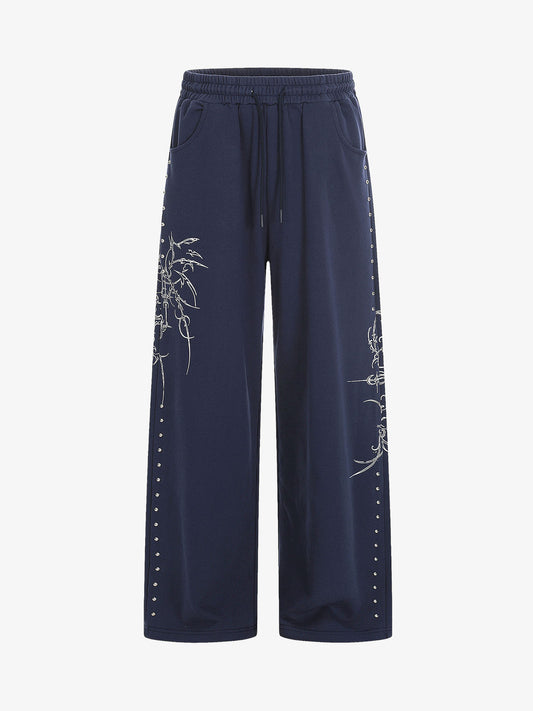 Floral Line Art Studded Wide Leg Drawstring Sweatpants