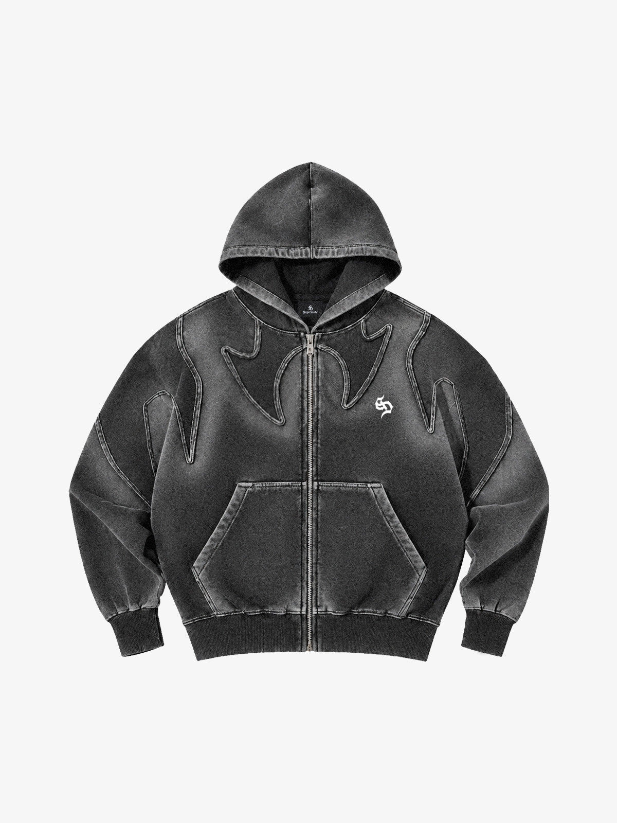 Washed Spray-Edge Zip Hoodie & Curved-Leg Sweatpants Set