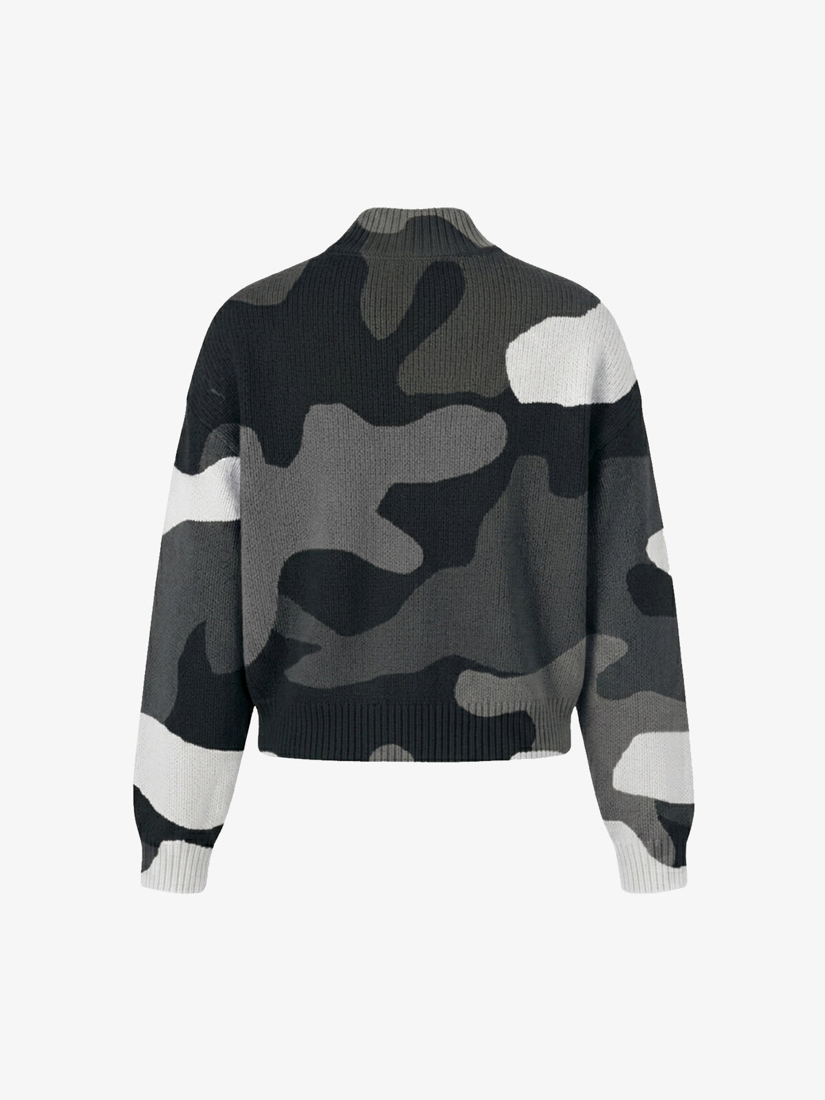 Camo Pattern Jacquard Knit Full-Zip Stand Collar Sweater