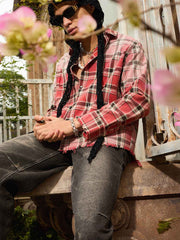 Paint Splatter Plaid Frayed Hem Button Up Shirt 