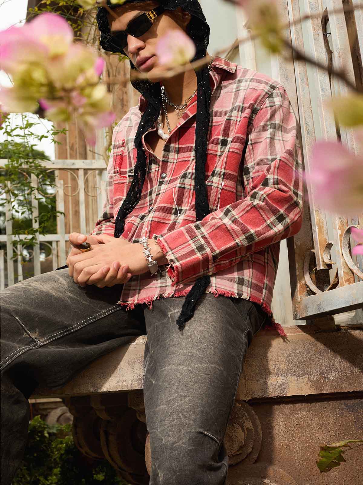 Cotton Plaid Shirt with Paint Splatter Design, Distressed Hem and Pockets, Casual Men's Long Sleeve Button-Up Jacket 