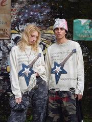 ギター音符グラフィック ユーズド加工長袖Tシャツ