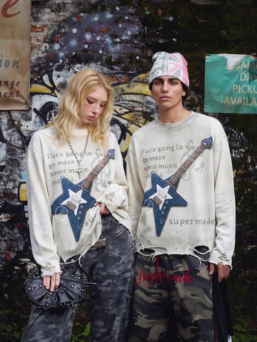 Guitar Music Note Graphic Distressed Long Sleeve Tee