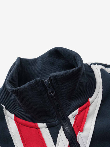 Flag Pattern Applique Contrast Stripes Cropped Jacket
