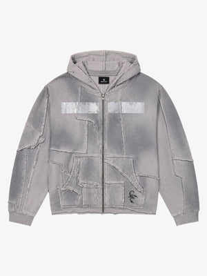 Spray-Dyed Paneled Distressed Zip Hoodie