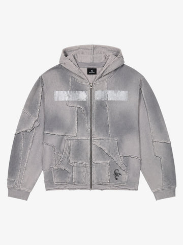 Spray-Dyed Paneled Distressed Zip Hoodie