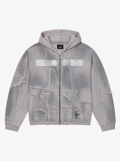 Spray-Dyed Paneled Distressed Zip Hoodie