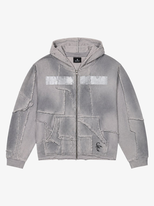 Spray-Dyed Paneled Distressed Zip Hoodie