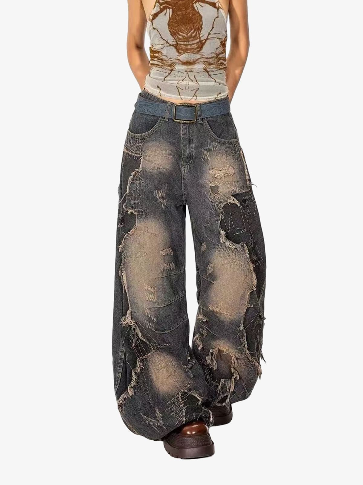 Vintage Washed Patchwork Distressed Barrel Jeans 
