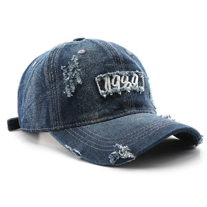 Distressed Denim Baseball Cap with Vintage 1920s Patch - Perfect for Casual and Sporty Looks 