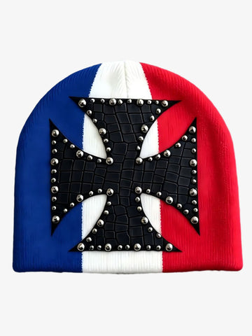 Color Block Studded Cross Gothic Dome Knit Hat