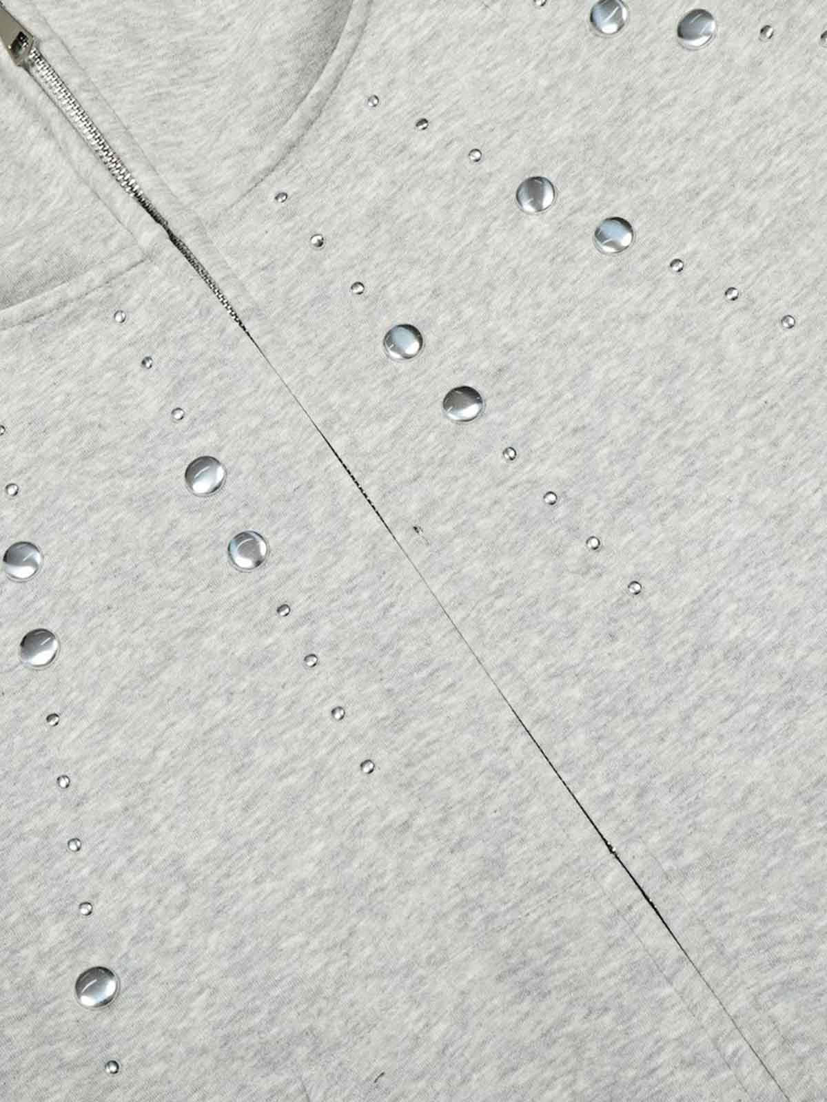 Cotton Blend Rhinestone Embellished Hoodie Jacket for Women - Zip-Up Crop Top with Pockets 