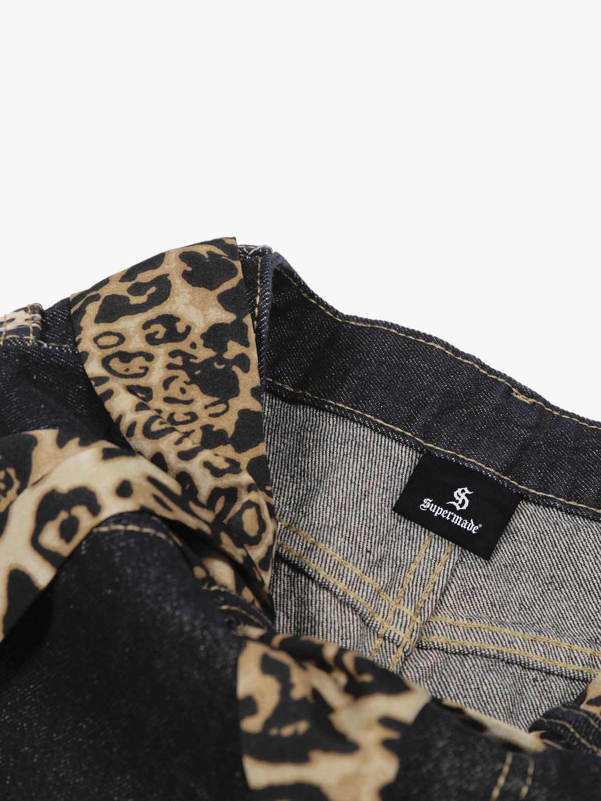 Denim Leopard Print Wide Leg Trousers with Belted Waist and Side Stripes 