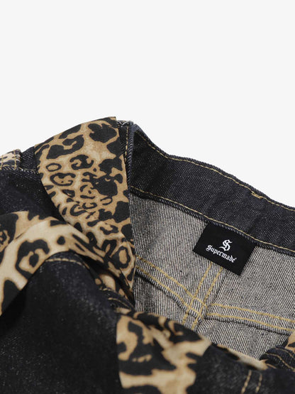 Denim Leopard Print Wide Leg Trousers with Belted Waist and Side Stripes 