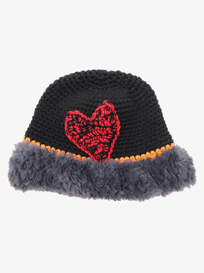 Cozy Heart-Embellished Winter Hat with Faux Fur Trim 