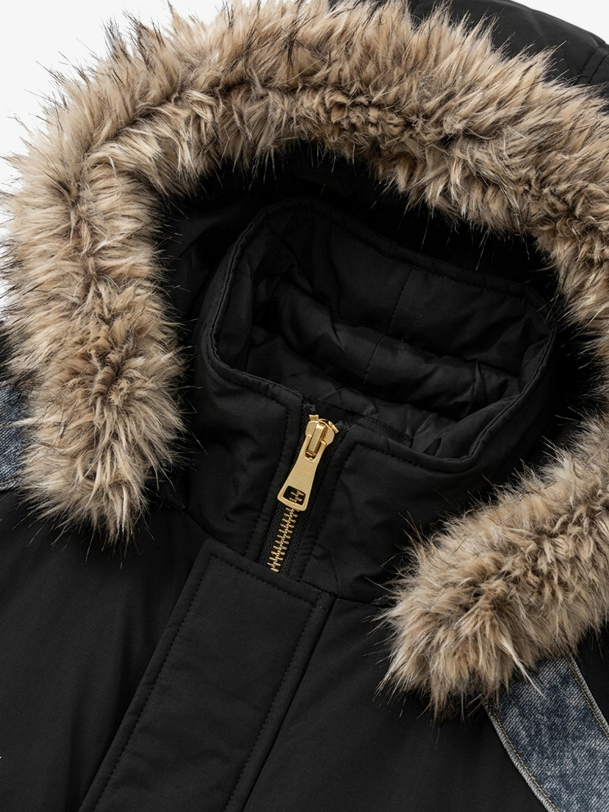 Denim Panel Hooded Padded Coats
