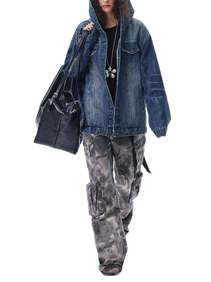 Retro Washed Workwear Denim Hooded Jacket 