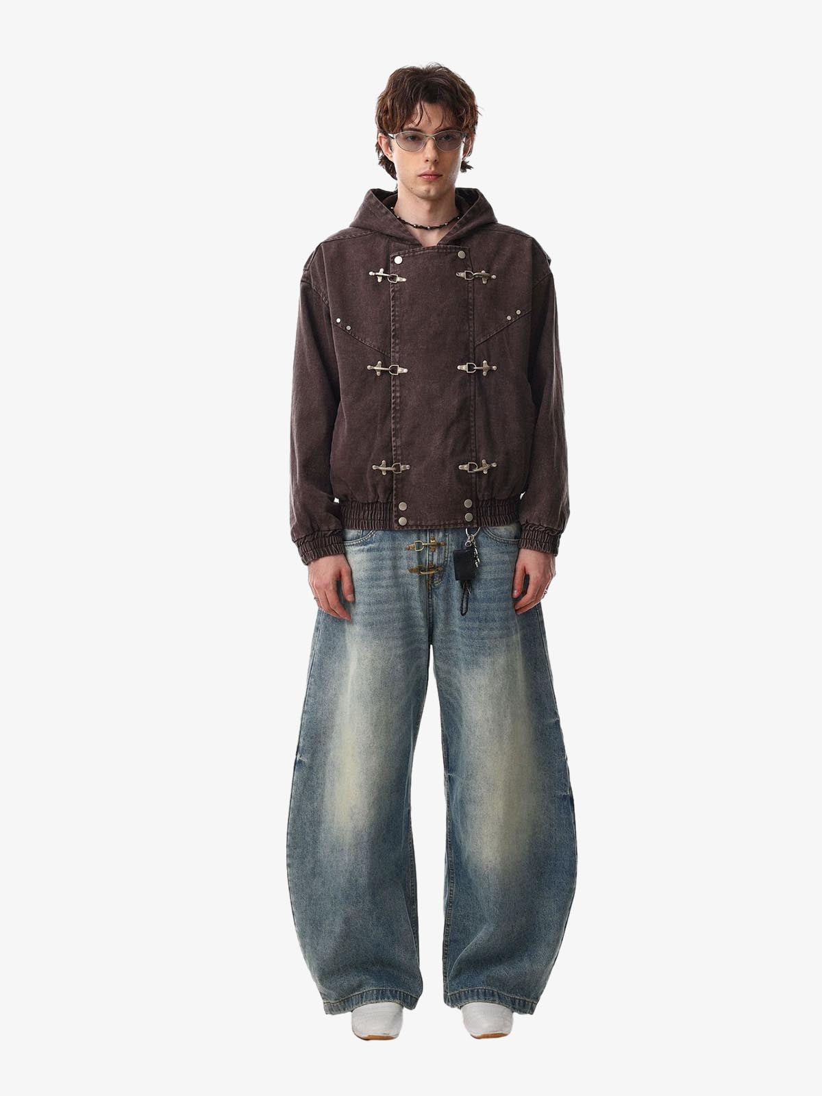 Washed Cotton Hooded Duffle Jacket with Metal Snap Buttons and Ribbed Hem 