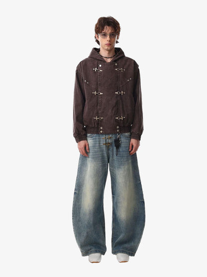 Washed Cotton Hooded Duffle Jacket with Metal Snap Buttons and Ribbed Hem 