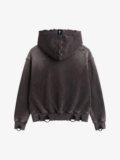 Distressed Multi-Label Zip-Up Hoodie