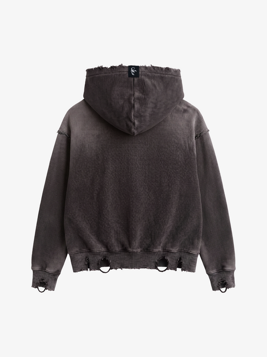 Distressed Multi-Label Zip-Up Hoodie