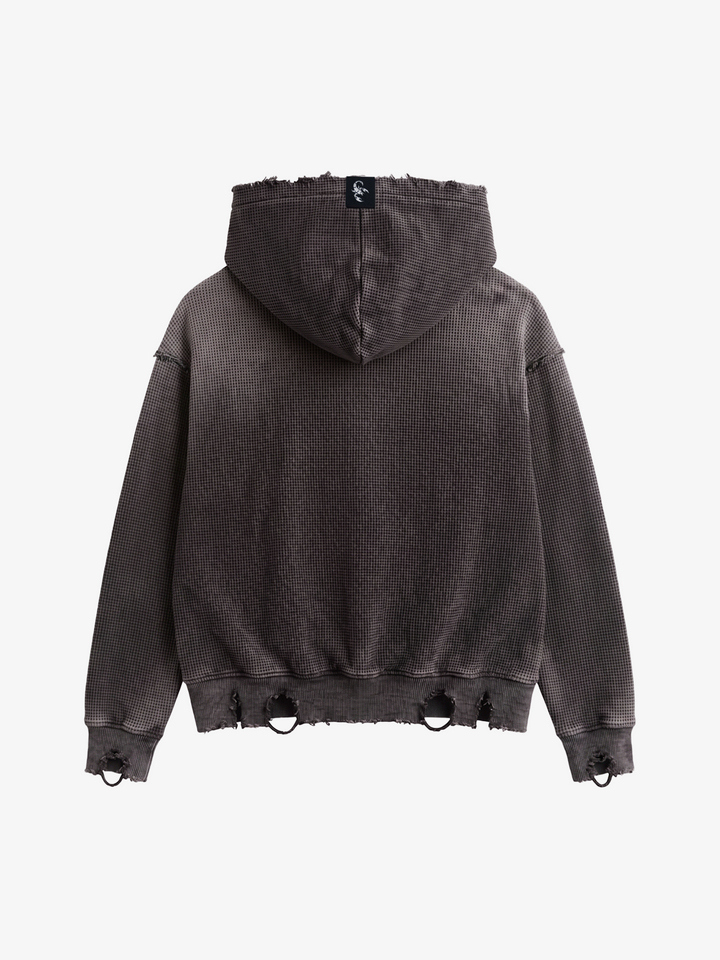 Distressed Multi-Label Zip-Up Hoodie