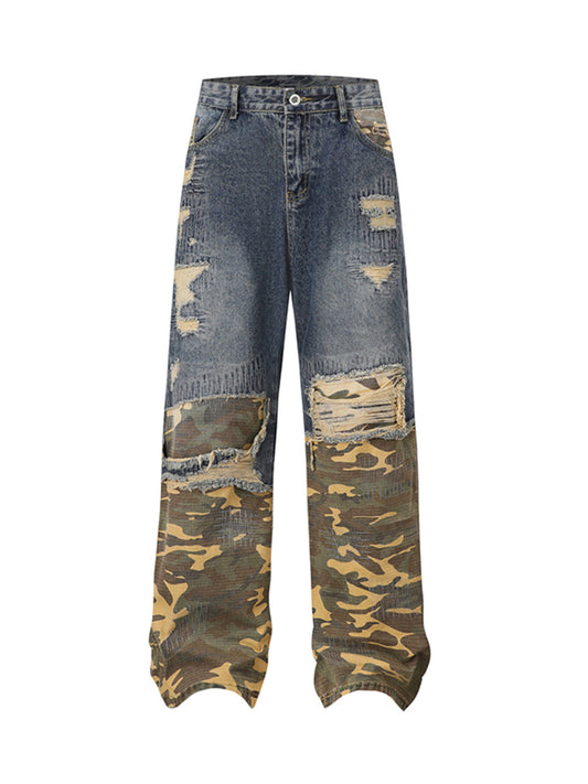 Distressed Camouflage Patchwork Jeans 