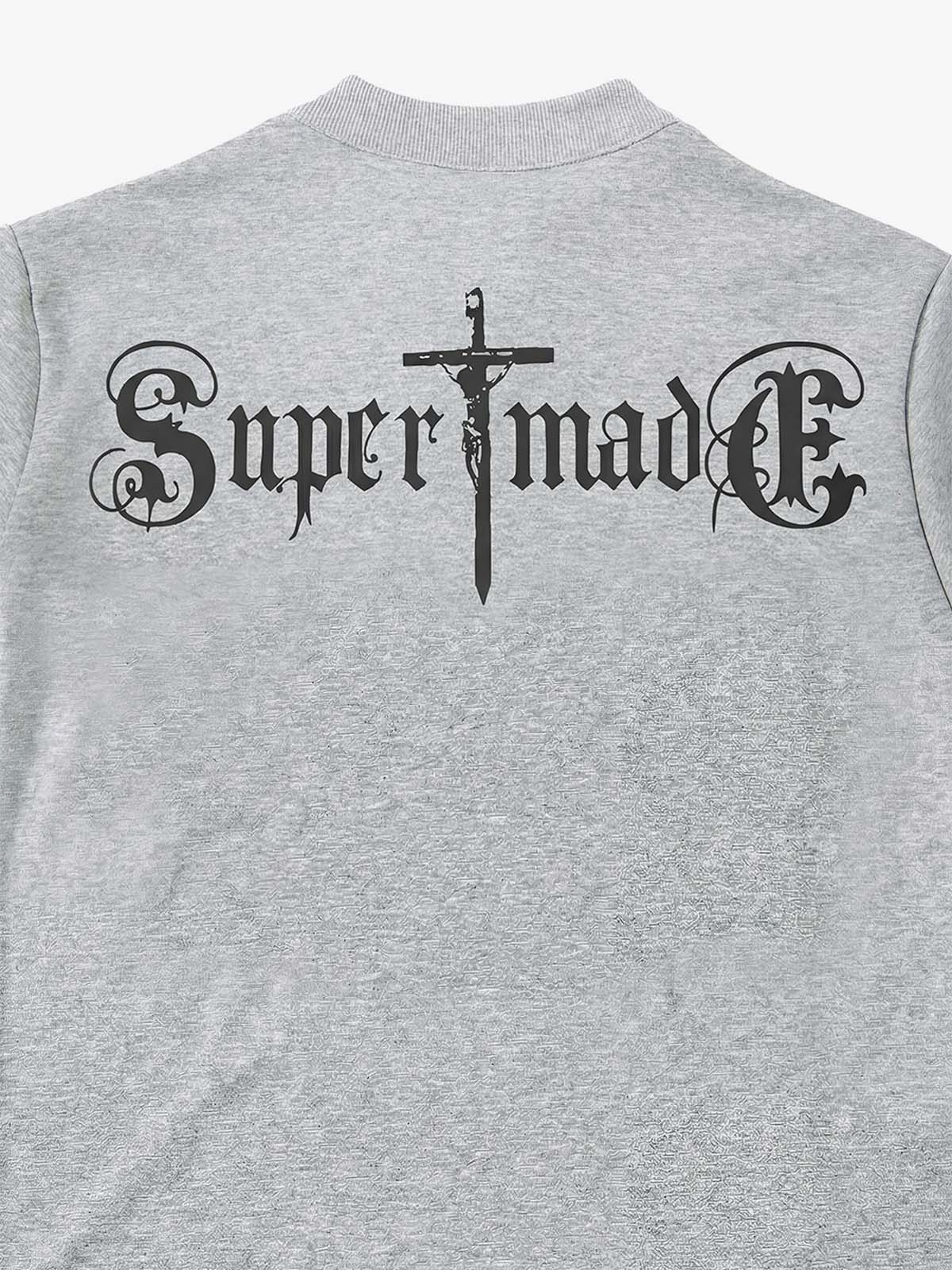 Cotton blend loose-fitting stand-up collar button-front short-sleeved T-shirt with anti-war print. 