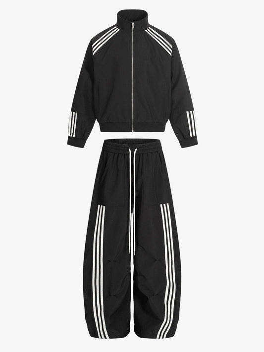 Cotton-Blend Track Suit Set with White Stripes - Oversized Zip-Up Jacket and Wide-Leg Pants 