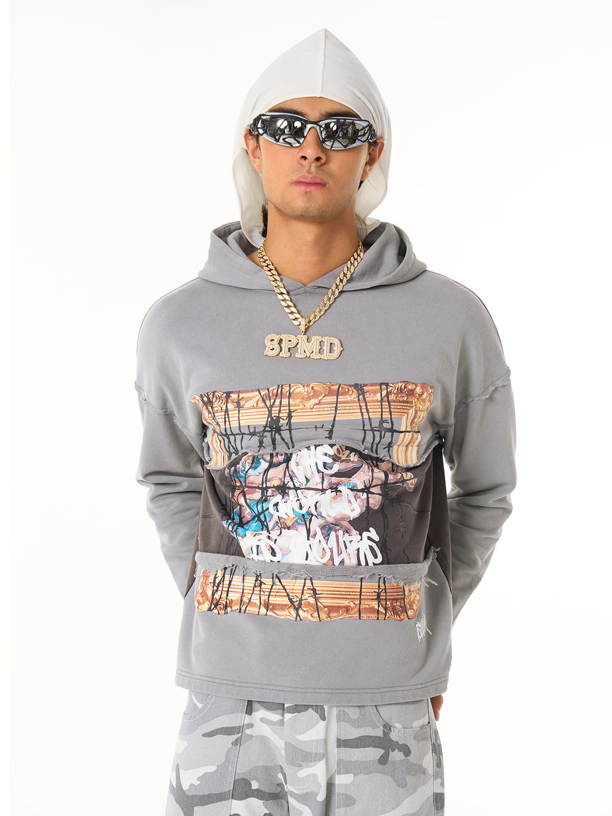Distressed Hooded Sweatshirt with a Famous Painting of Thorn Destruction 