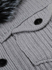 Faux-Fur Collar Distressed Knit Cardigan